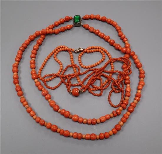 Three assorted coral bead necklaces, including double strand, longest approx. 50cm.